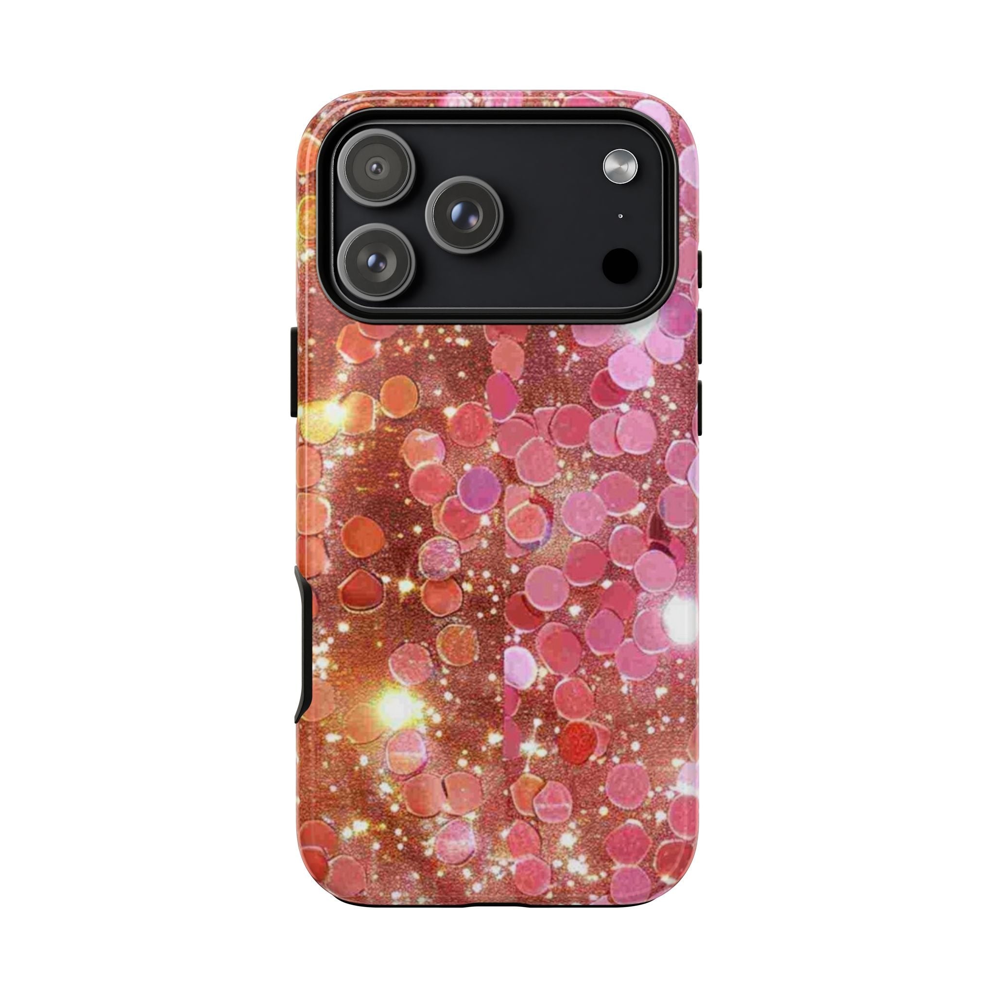 Back view phone case: pink-orange glitter bokeh pattern with black camera trim