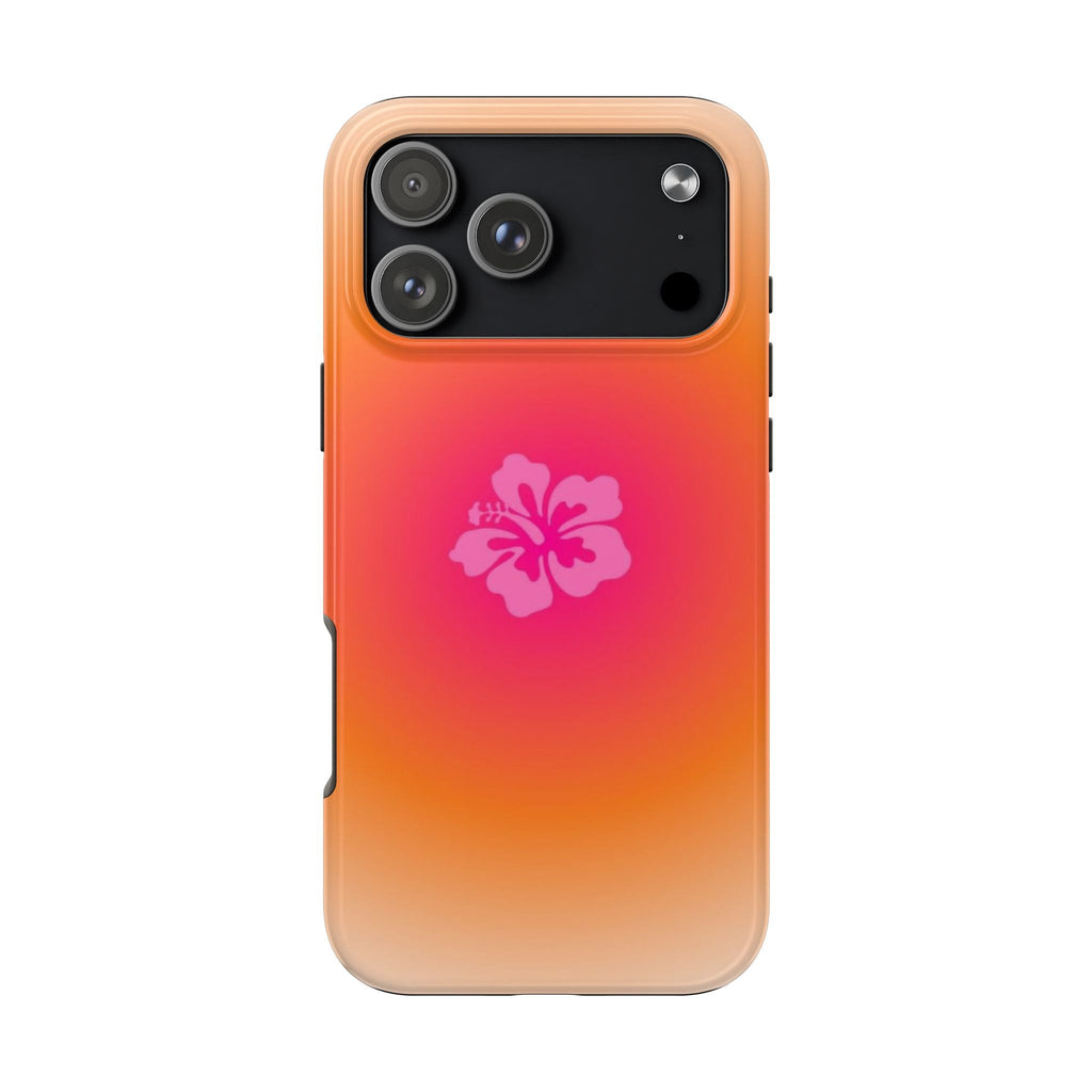 SUNSET HIBISCUS flower phone case, vivid orange-pink gradient, centered pink hibiscus