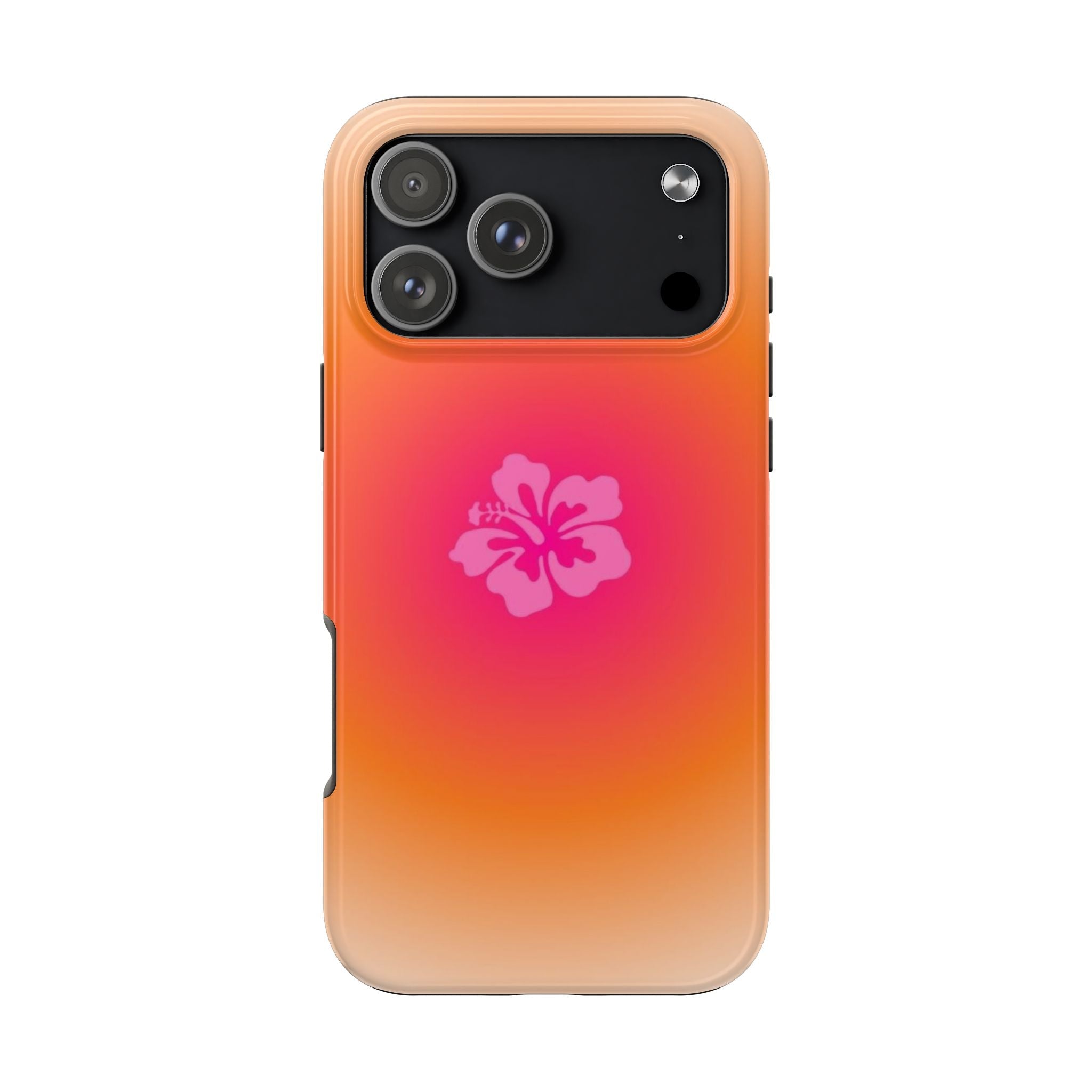 SUNSET HIBISCUS flower phone case, vivid orange-pink gradient, centered pink hibiscus