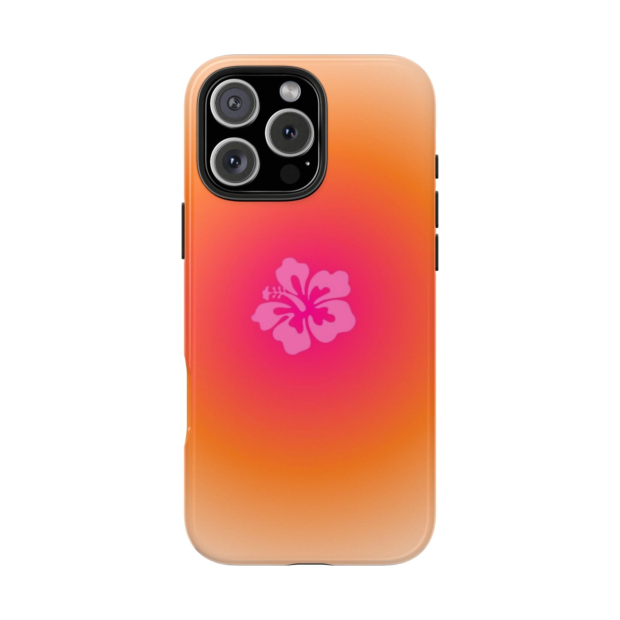 SUNSET HIBISCUS flower phone case, orange-to-pink gradient with pink hibiscus icon