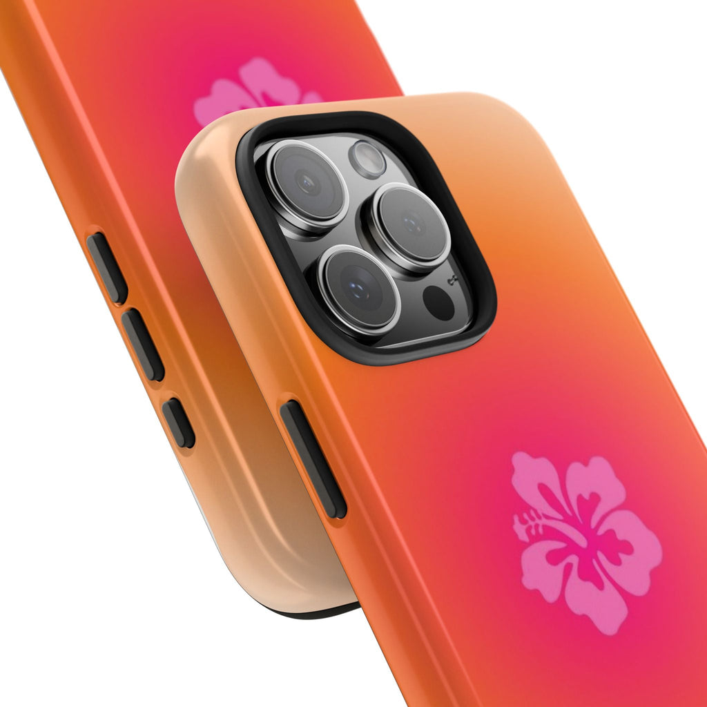 SUNSET HIBISCUS phone case corner view, orange-pink aura gradient with pink hibiscus