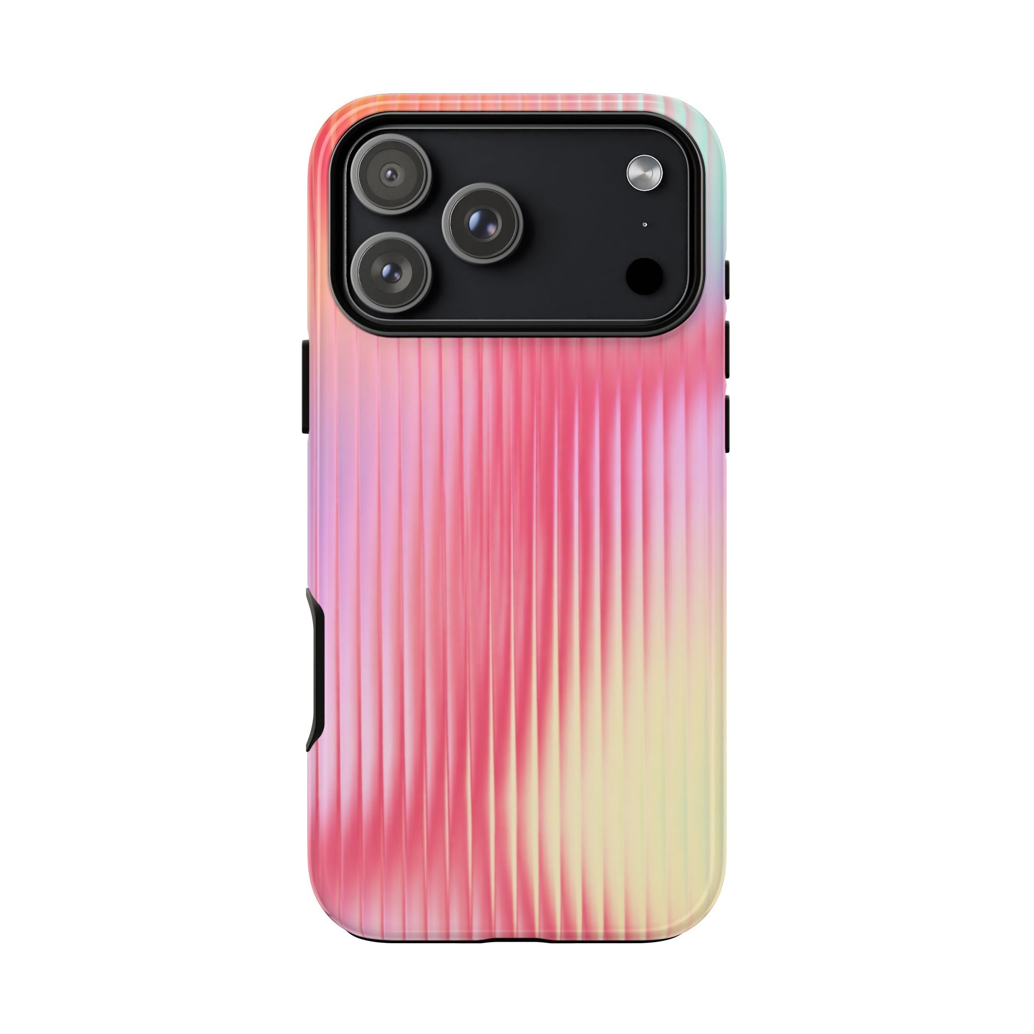 Sunset ribbed glossy phone case, black camera panel, pink-to-cream gradient rear