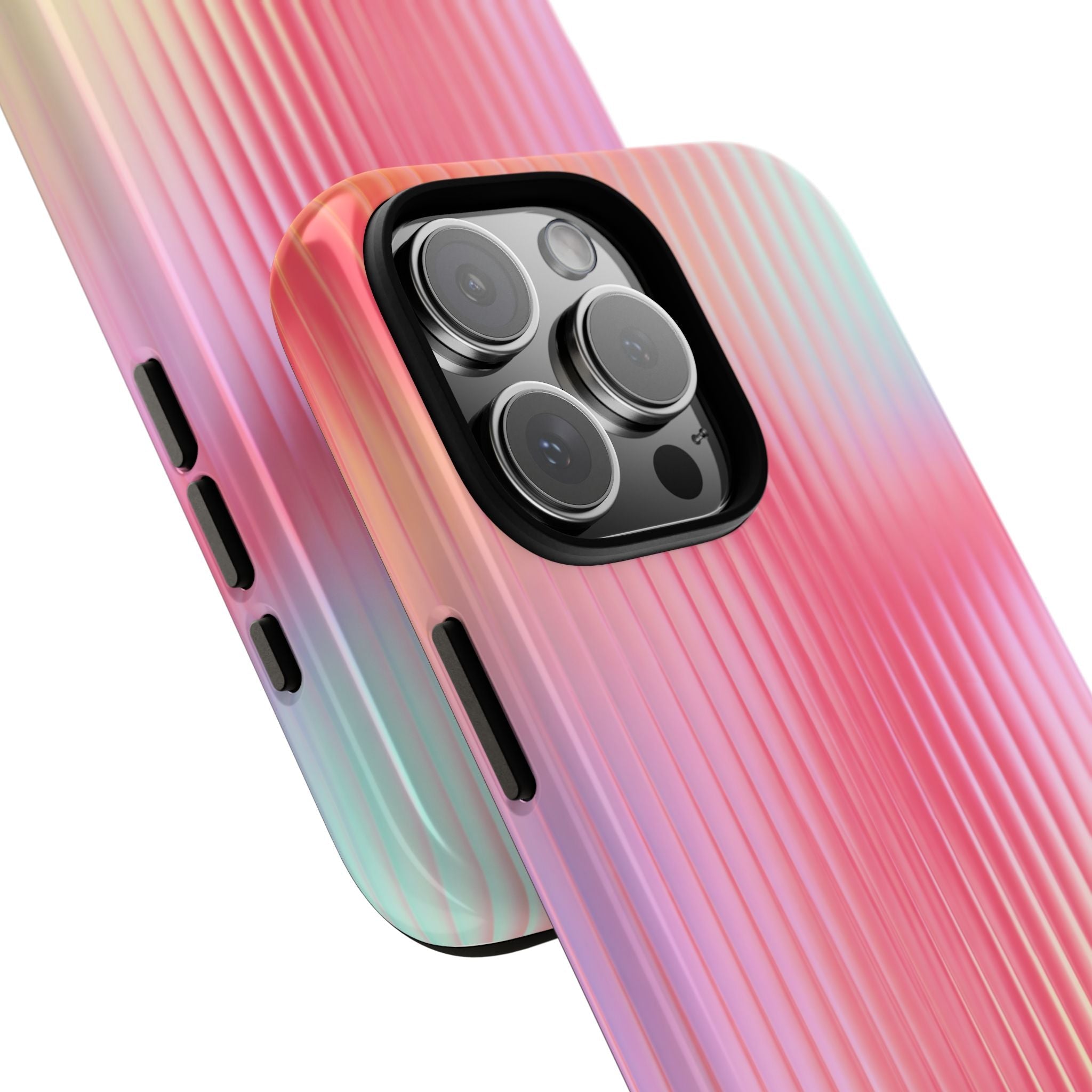 Sunset ribbed glossy phone case, pink-to-cream gradient with side button cutouts