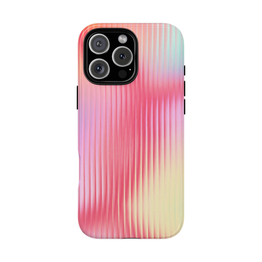 Sunset ribbed glossy phone case with camera cutout, pink-to-cream gradient back