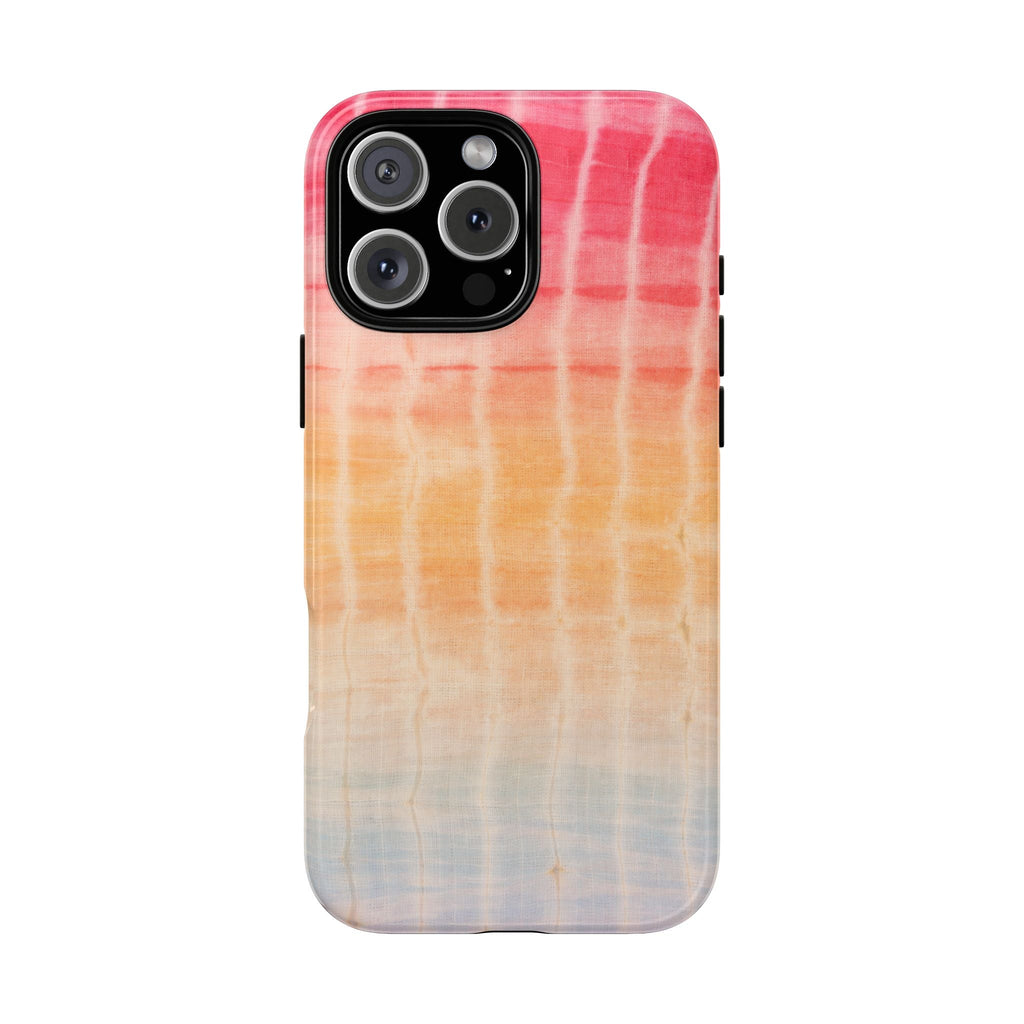 Sunset shibori tie-dye phone case, pink-to-orange swirls with camera cutout