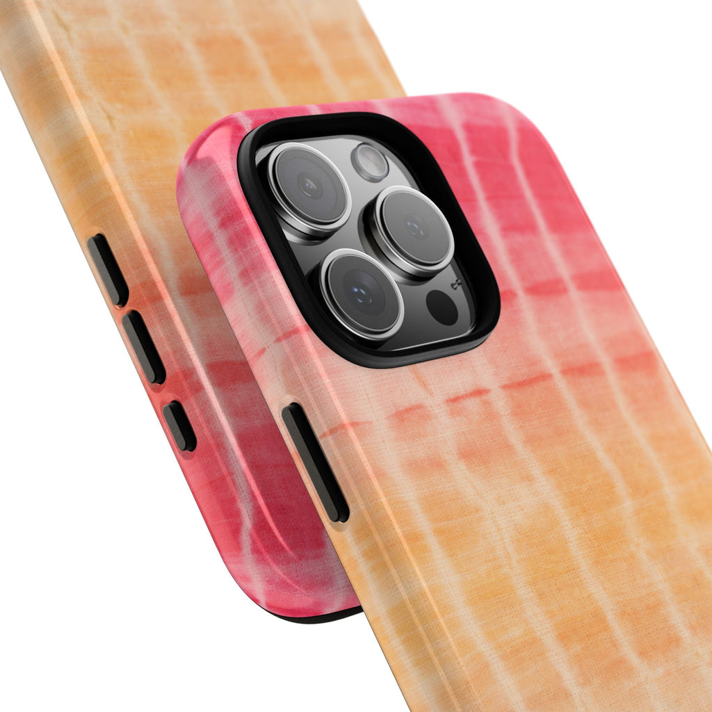 Sunset shibori tie-dye case detail, side cutouts and raised camera lens protection
