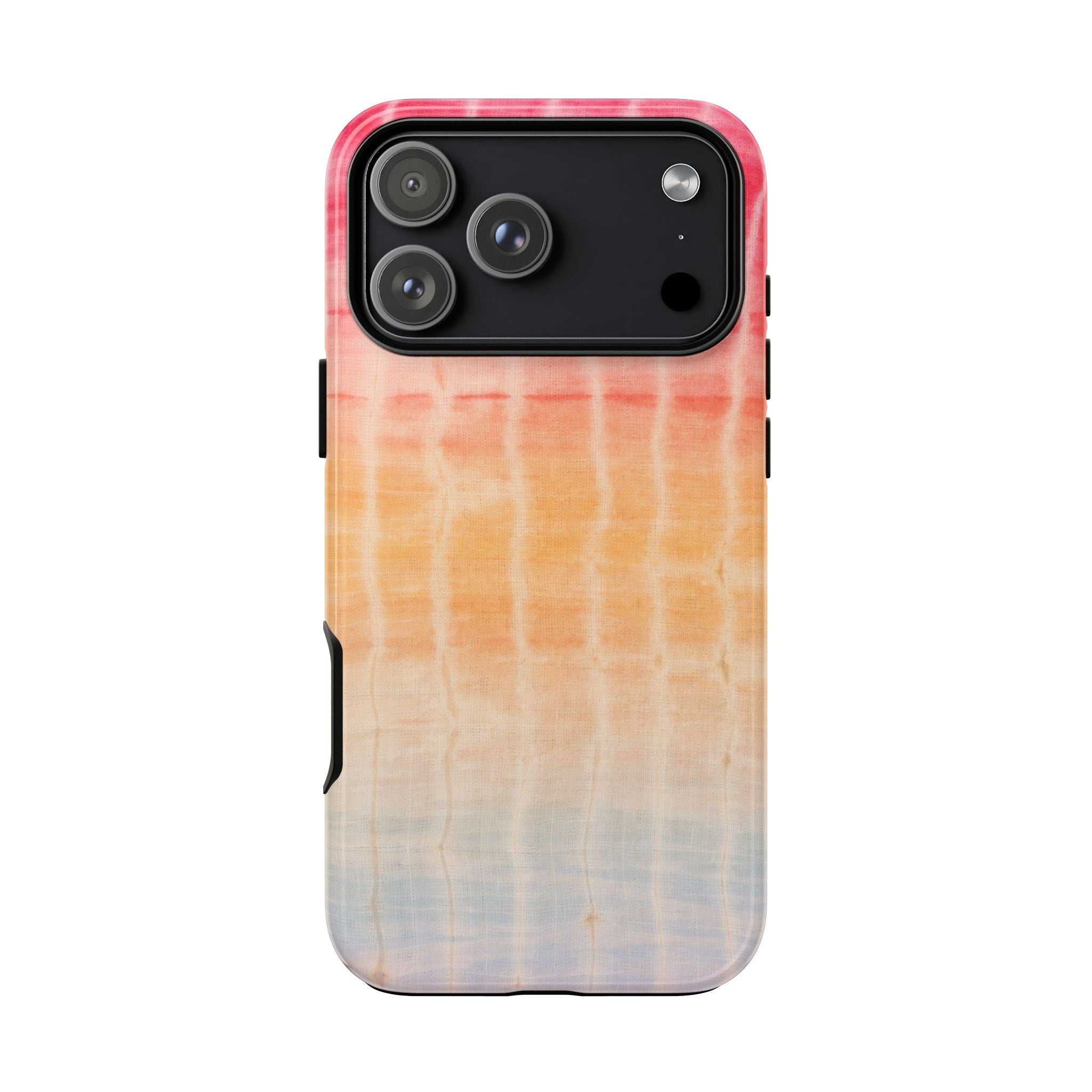 Sunset shibori tie-dye phone case, pink border and orange gradient back with camera