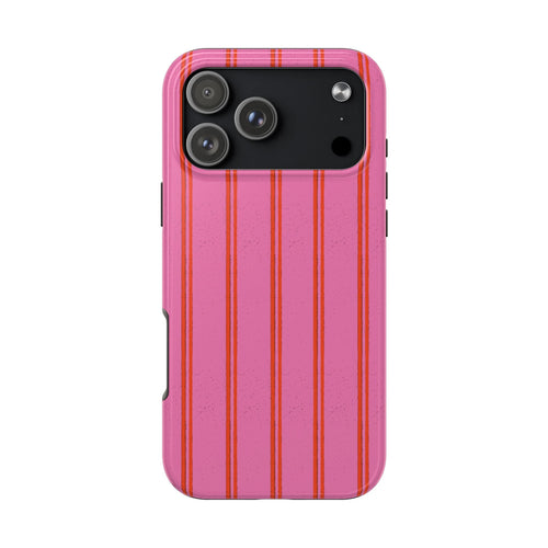 Phone case with pink and orange vertical stripe design, raised camera cutouts