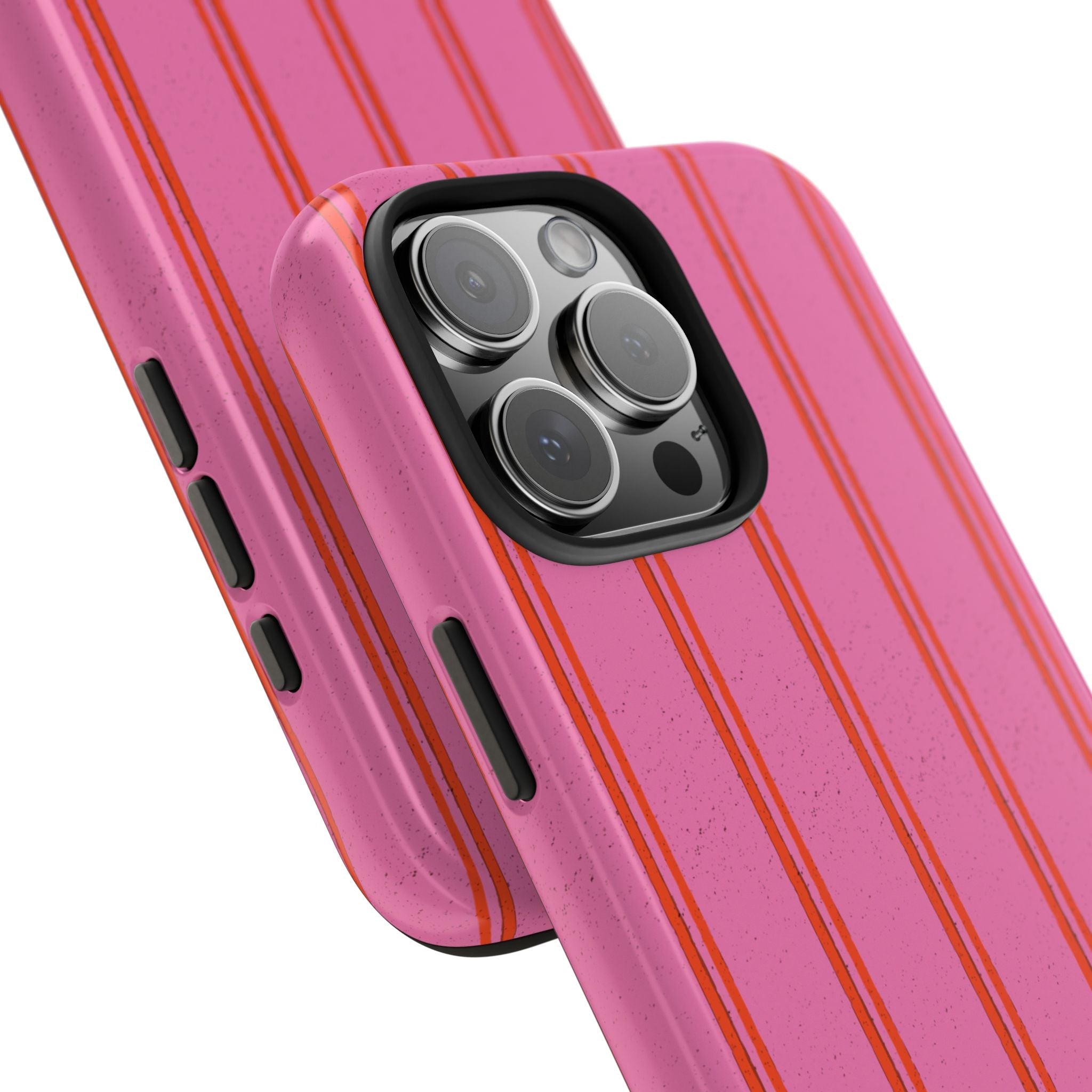 Angled view of pink striped phone case with orange lines, camera lenses exposed