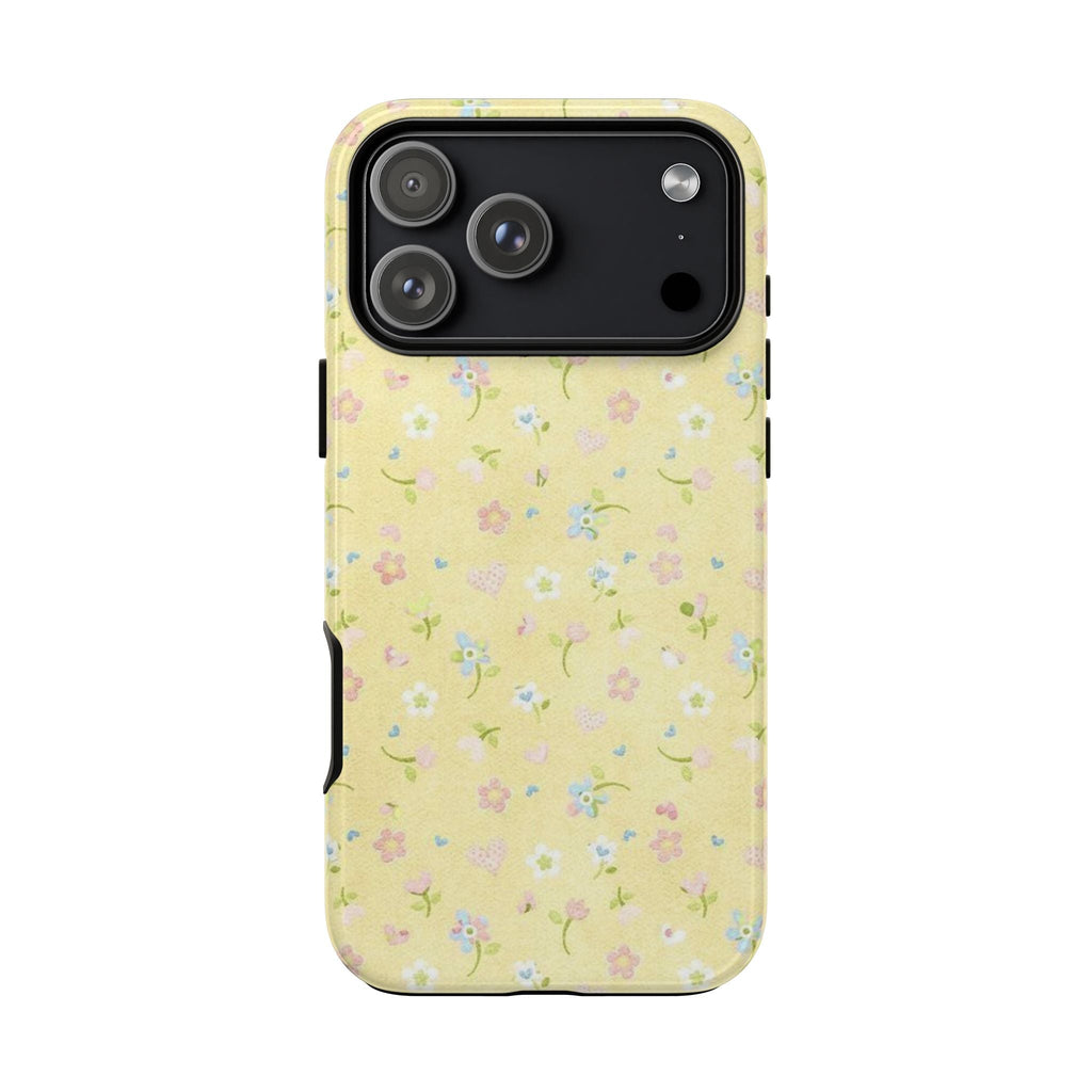 Yellow floral phone case with dark camera panel and cutouts
