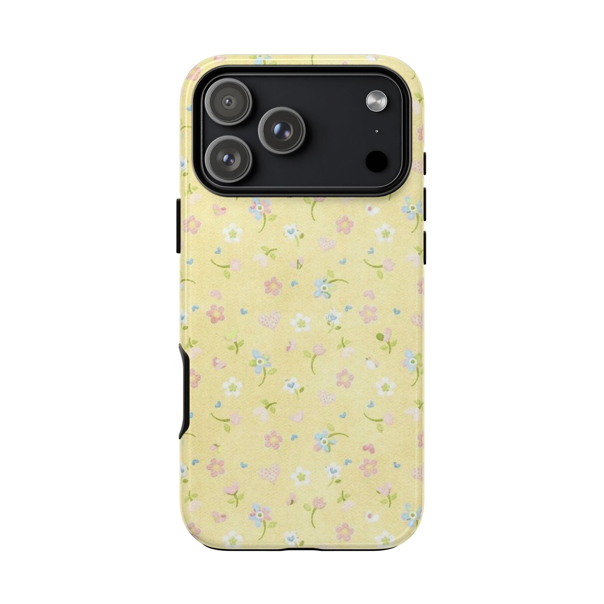 Yellow floral phone case with dark camera panel and cutouts