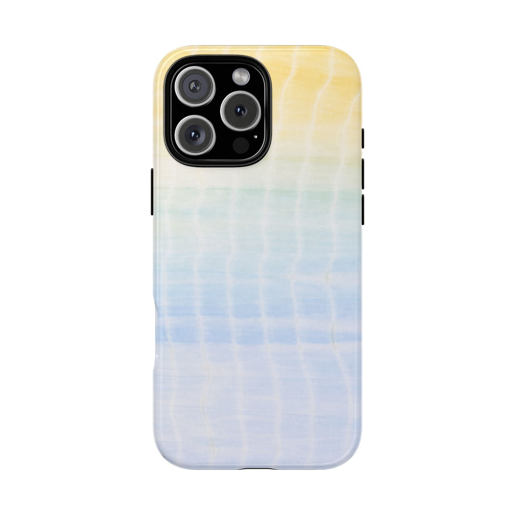 Sunshine shibori tie-dye phone case with yellow top and light blue pattern, camera cutout