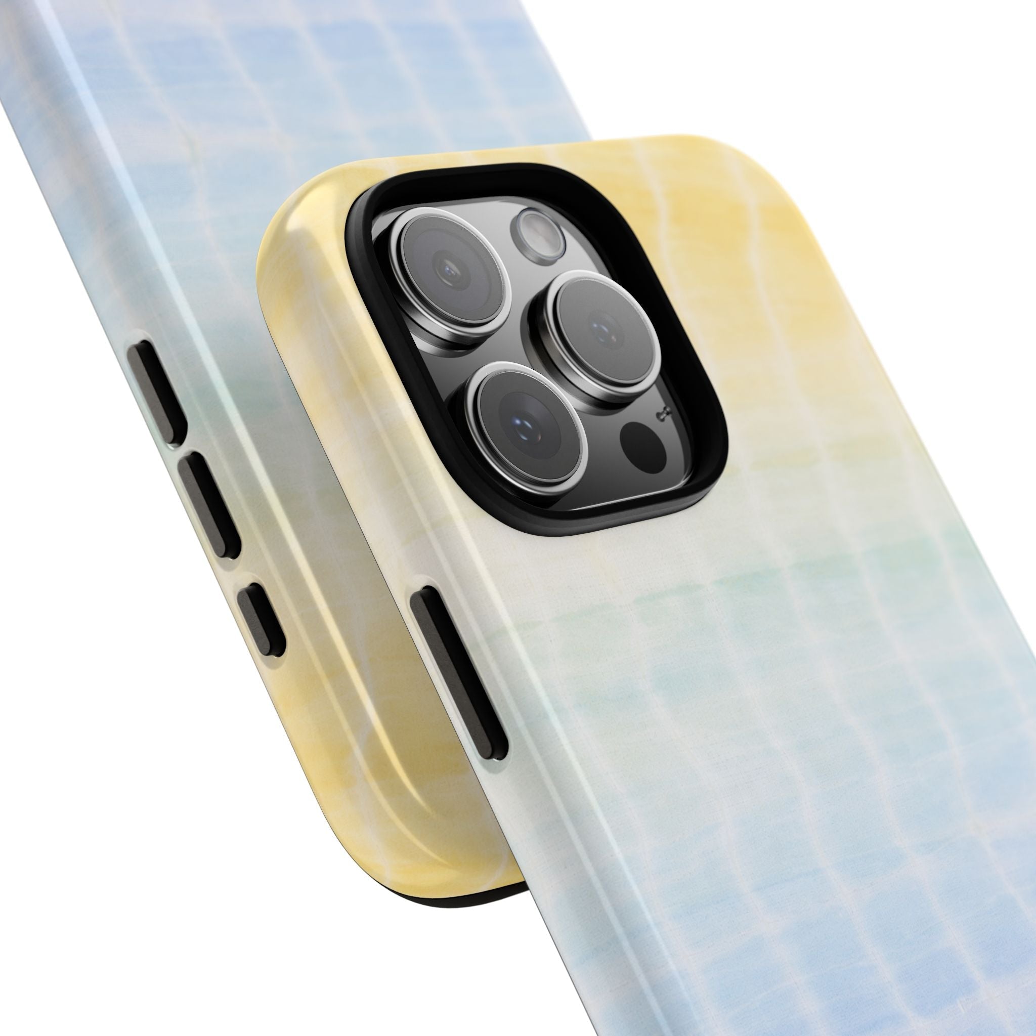 Angled view of sunshine shibori tie-dye phone case, yellow and light blue with camera lens cutouts