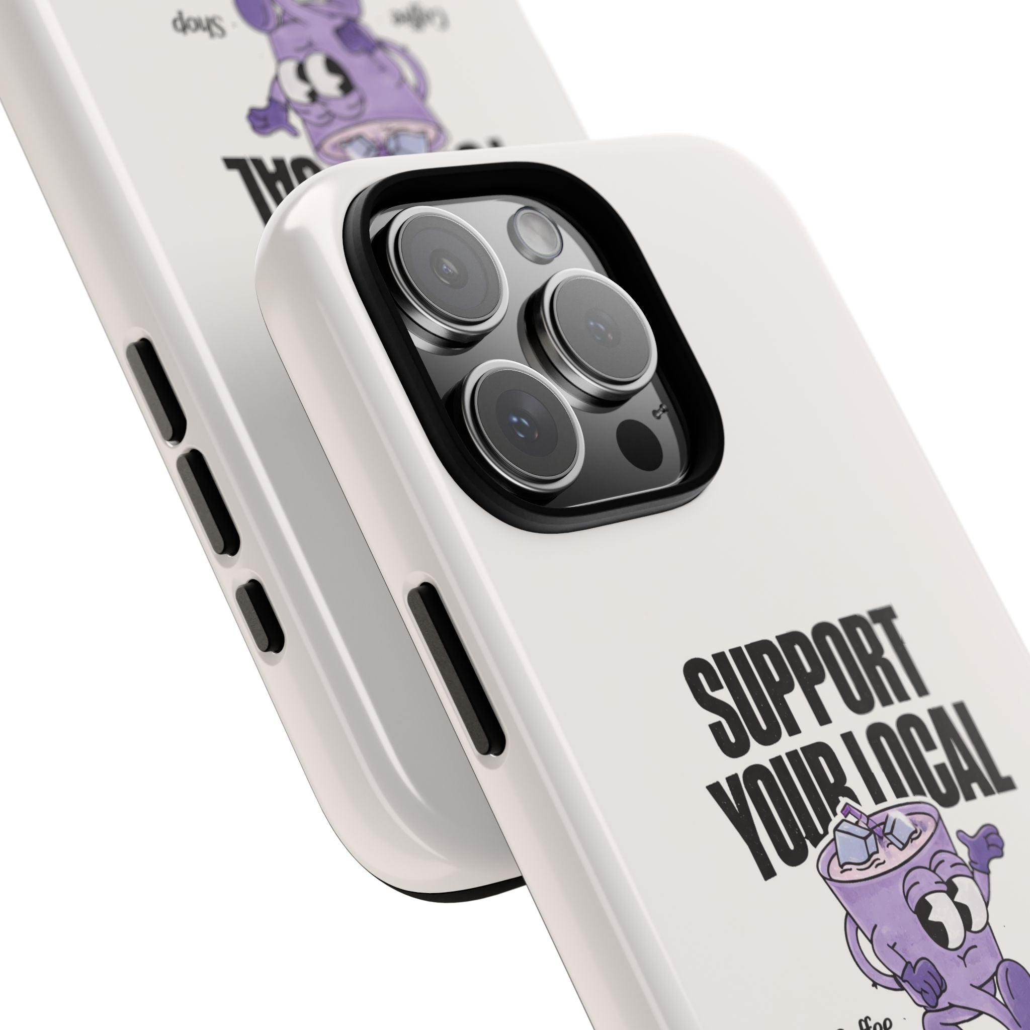 White phone case close-up: triple-camera cutout with 'Support Your Local' graphic