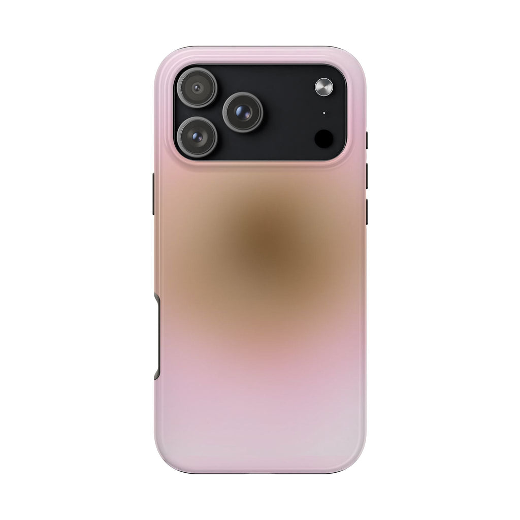 Pink-to-brown aura phone case with black top, triple camera lenses, flash cutout