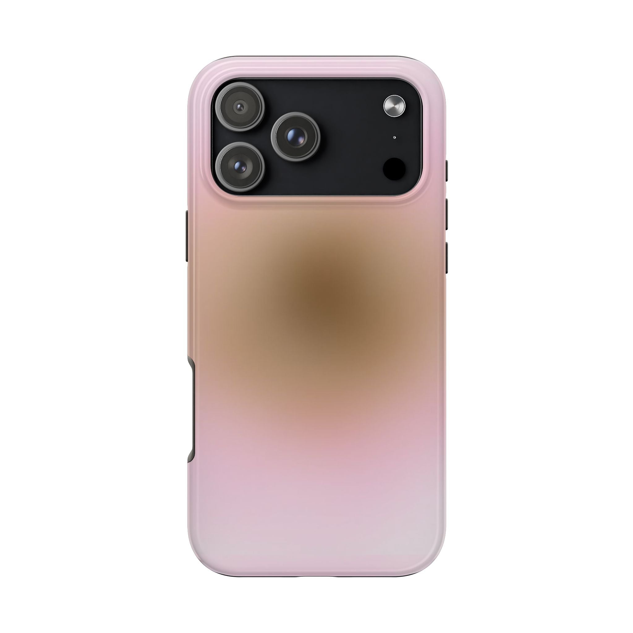 Pink-to-brown aura phone case with black top, triple camera lenses, flash cutout