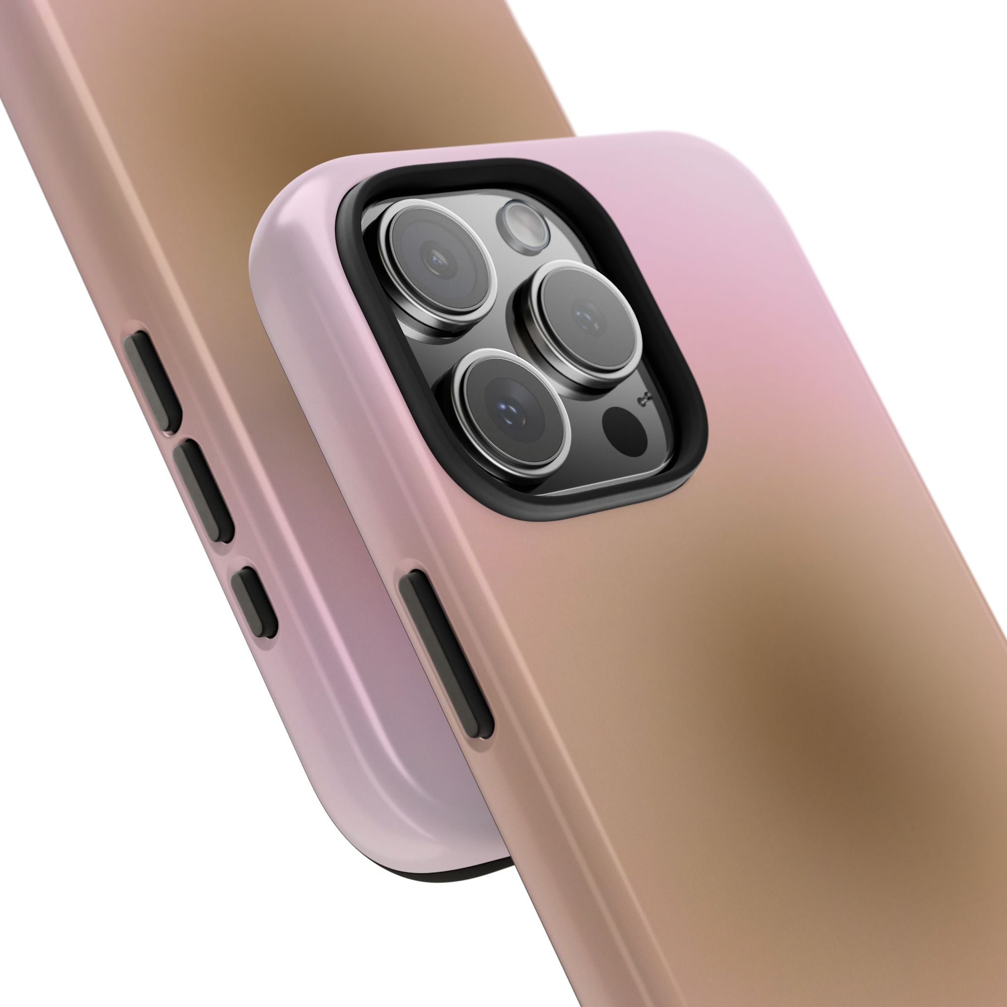 Close-up: pink-to-brown aura phone case with black camera cover and side button cutouts
