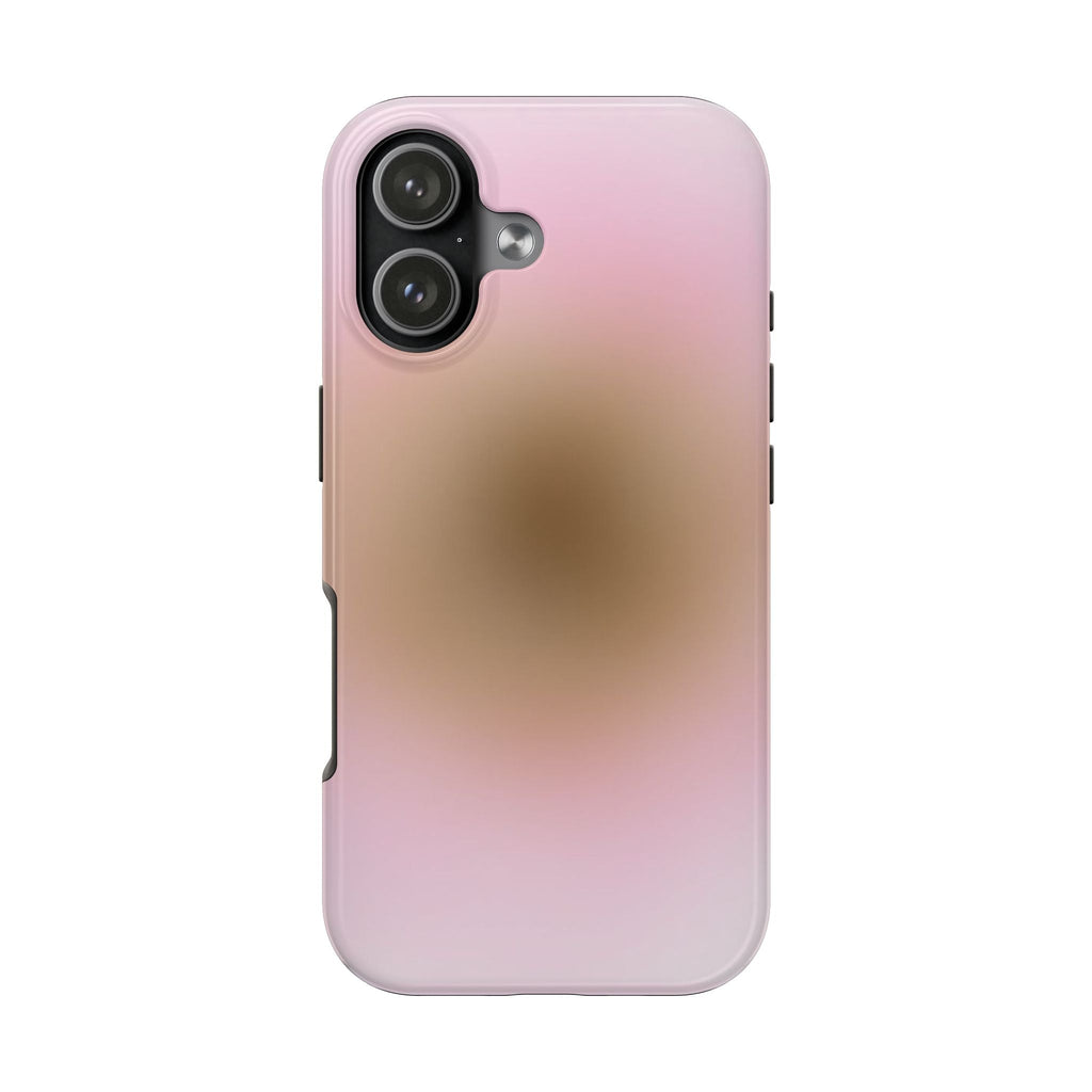 Aura phone case with pink-to-brown gradient, black camera cover, raised edges