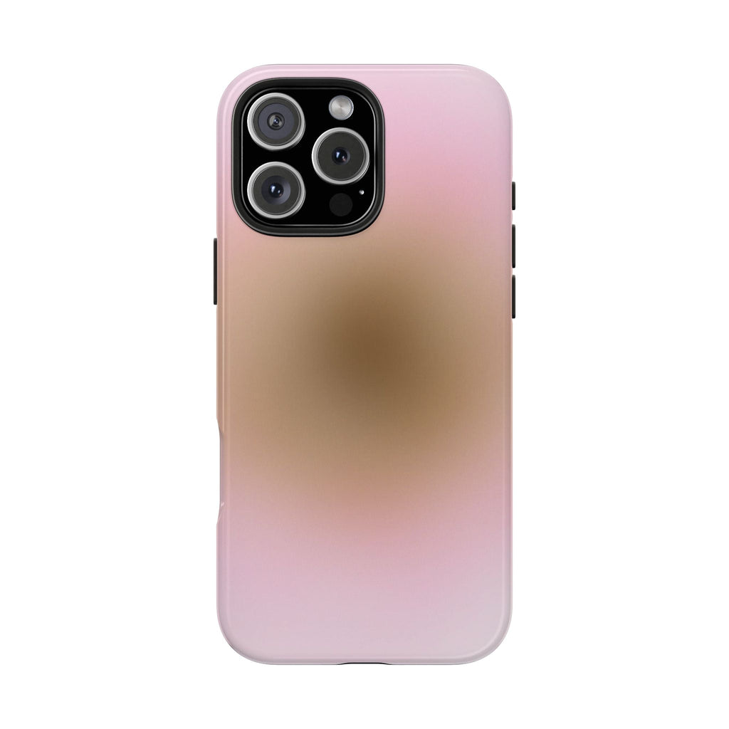 Pink and brown gradient phone case with black camera block and lens openings