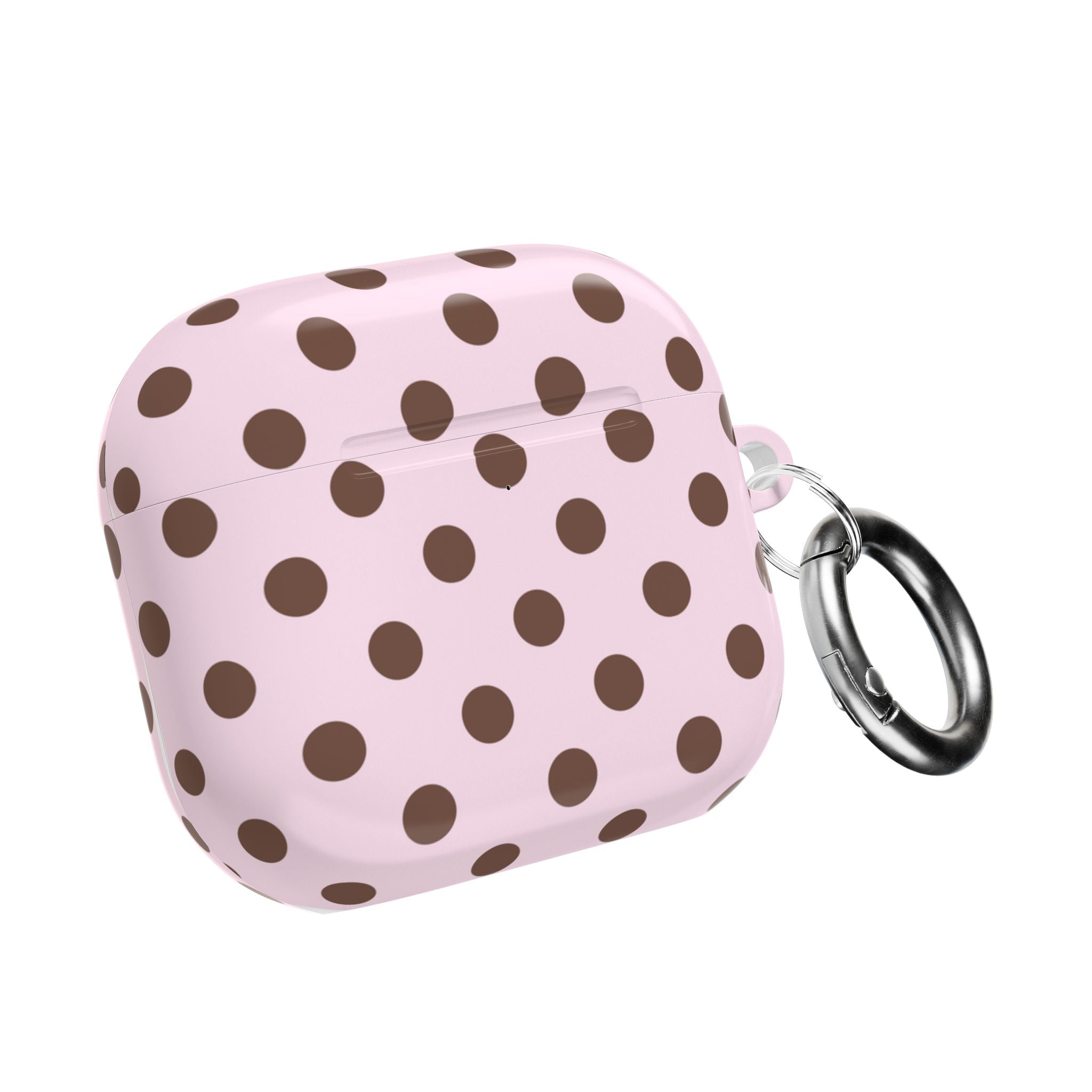 Pink polka dot AirPods case with metal keychain ring on the side