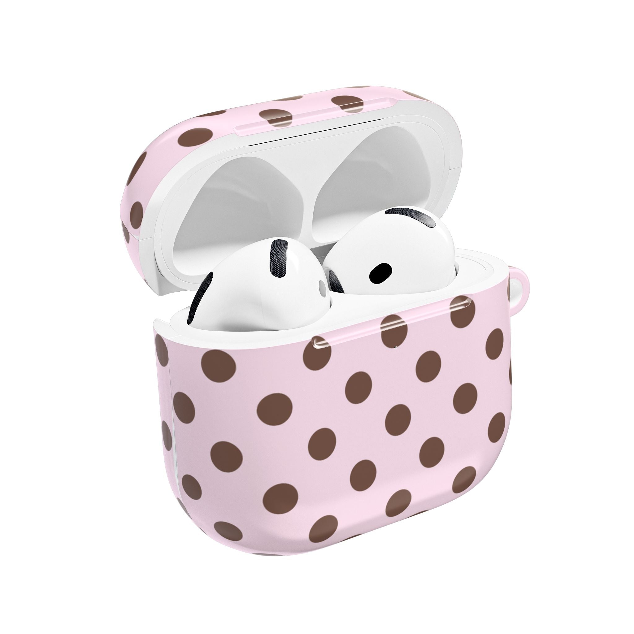 Pink polka dot AirPods case with earbuds inside, open lid