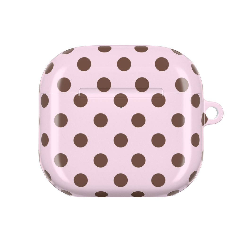 Pink polka dot AirPods case, closed with small side loop