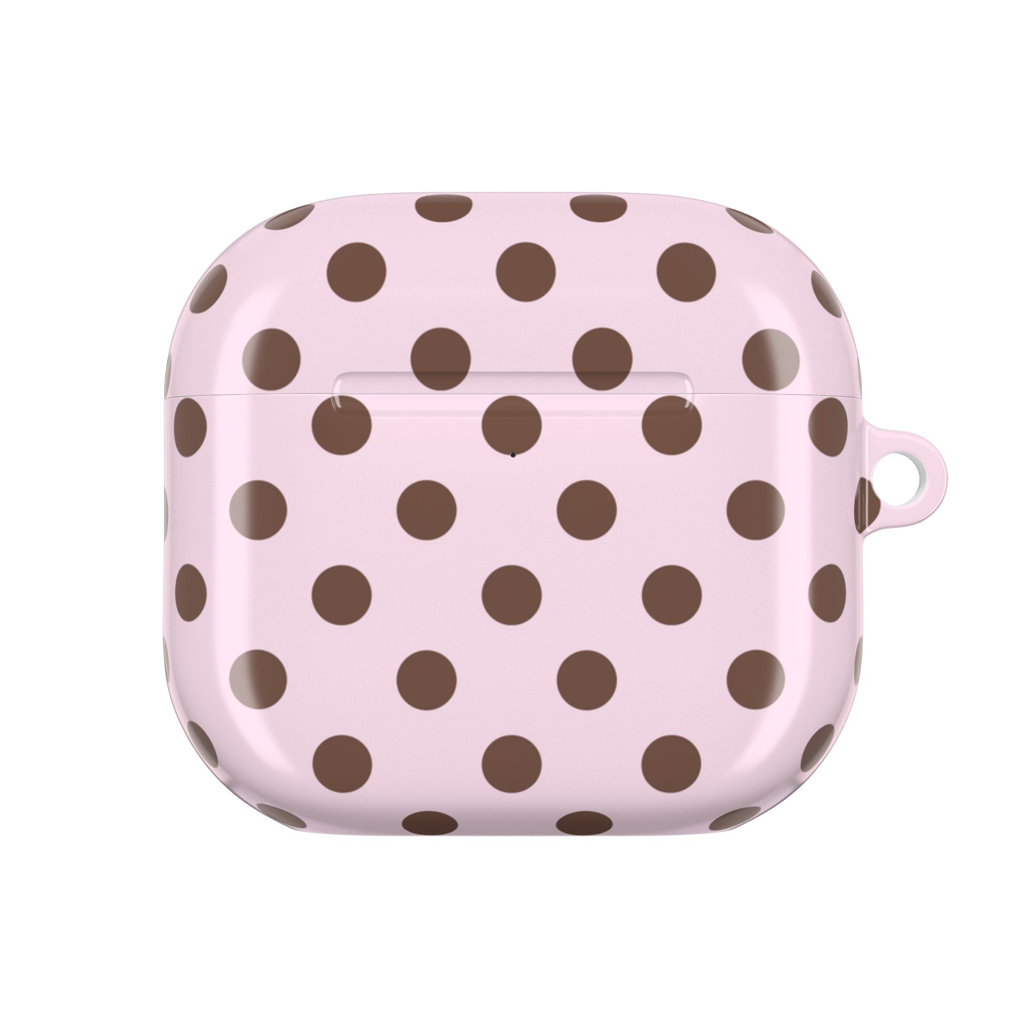 Pink polka dot AirPods case, closed with small side loop
