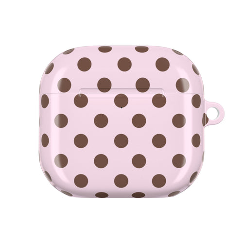 Pink polka dot AirPods case, closed with small side loop