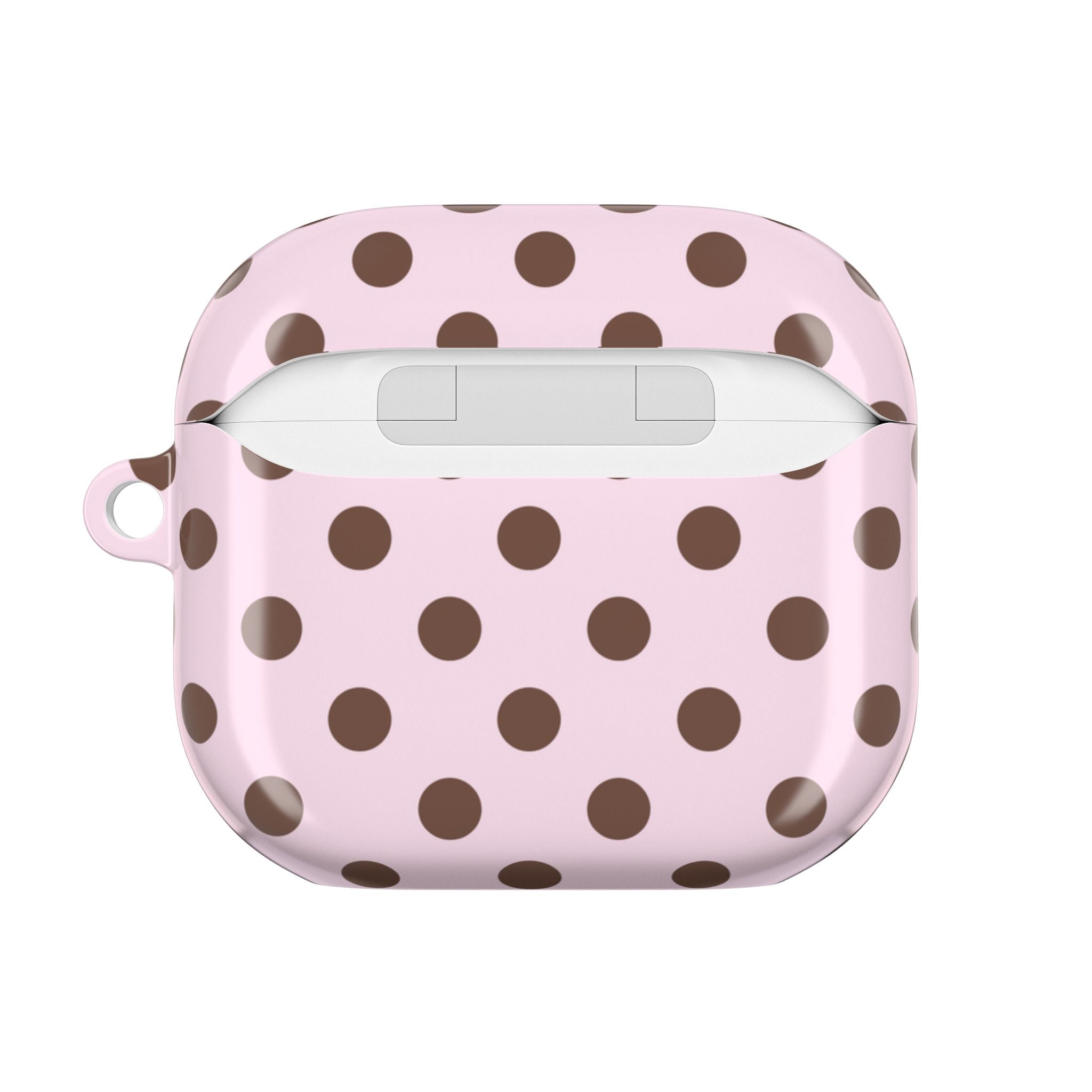 Pink polka dot AirPods case top view with lid and openings