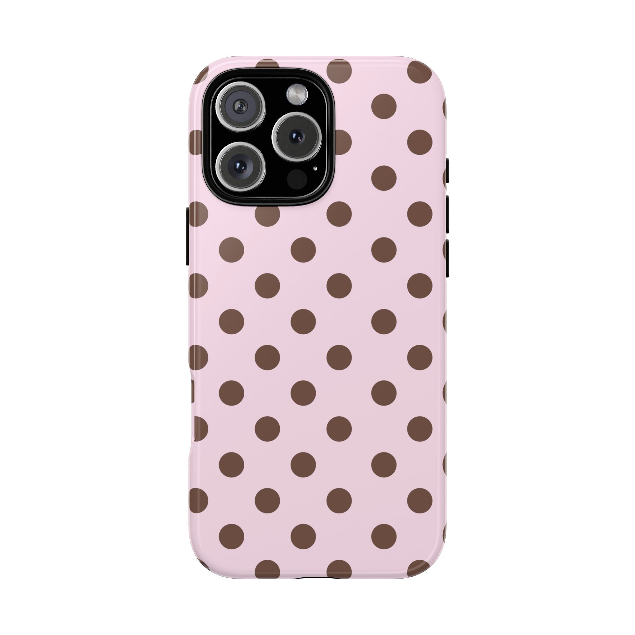 Pink phone case with brown polka dots and raised camera ring cutouts