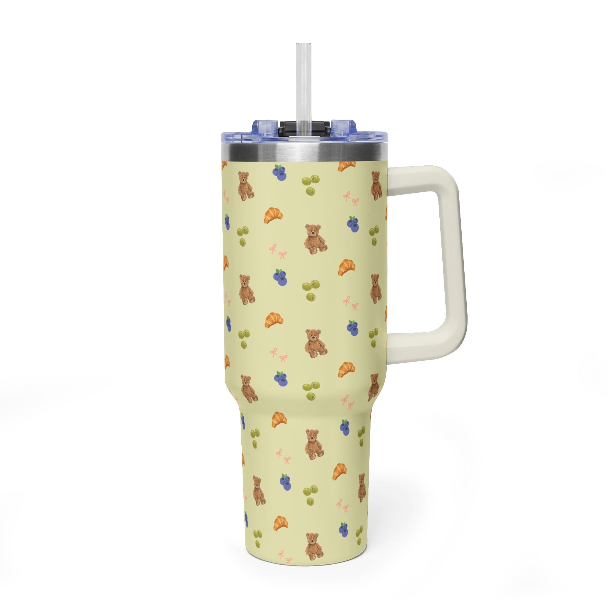 40 oz tumbler: teddy/croissant pattern, clear straw, blue lid