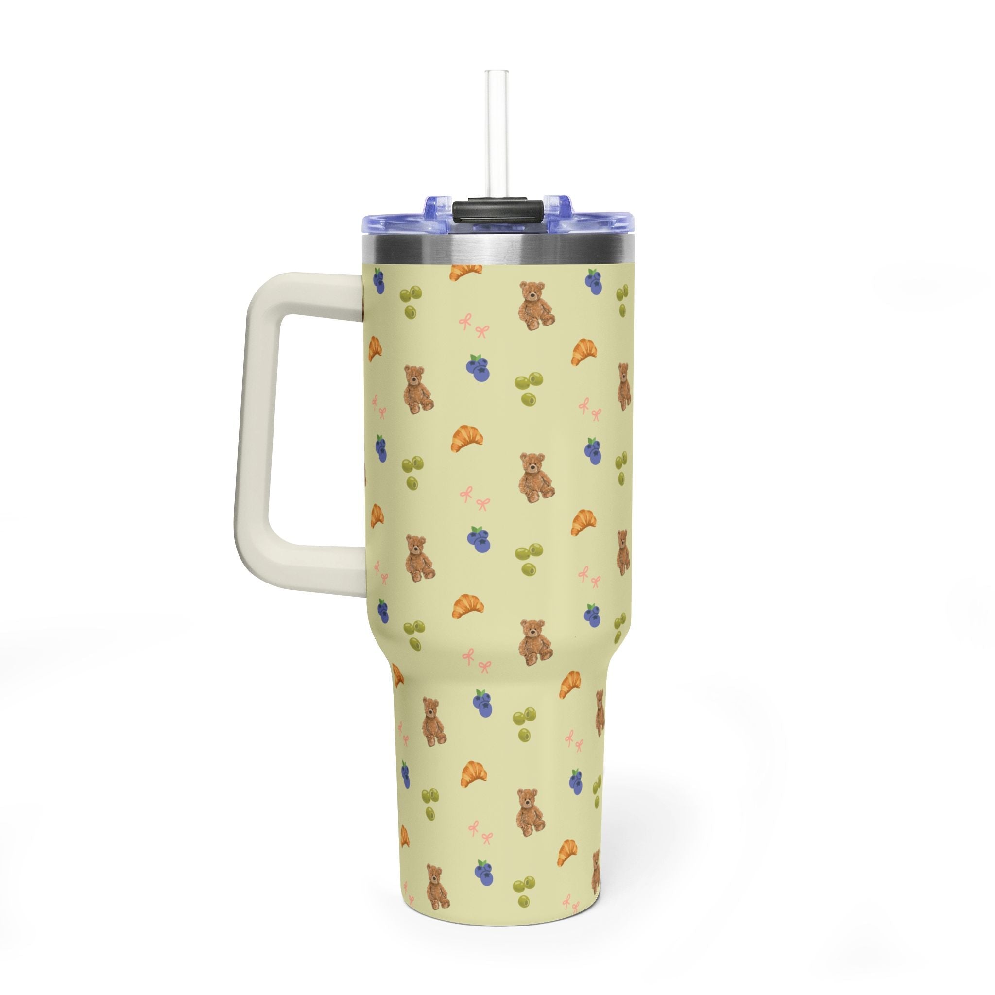 40 oz tumbler with handle, teddy/croissant pattern, clear straw, blue lid