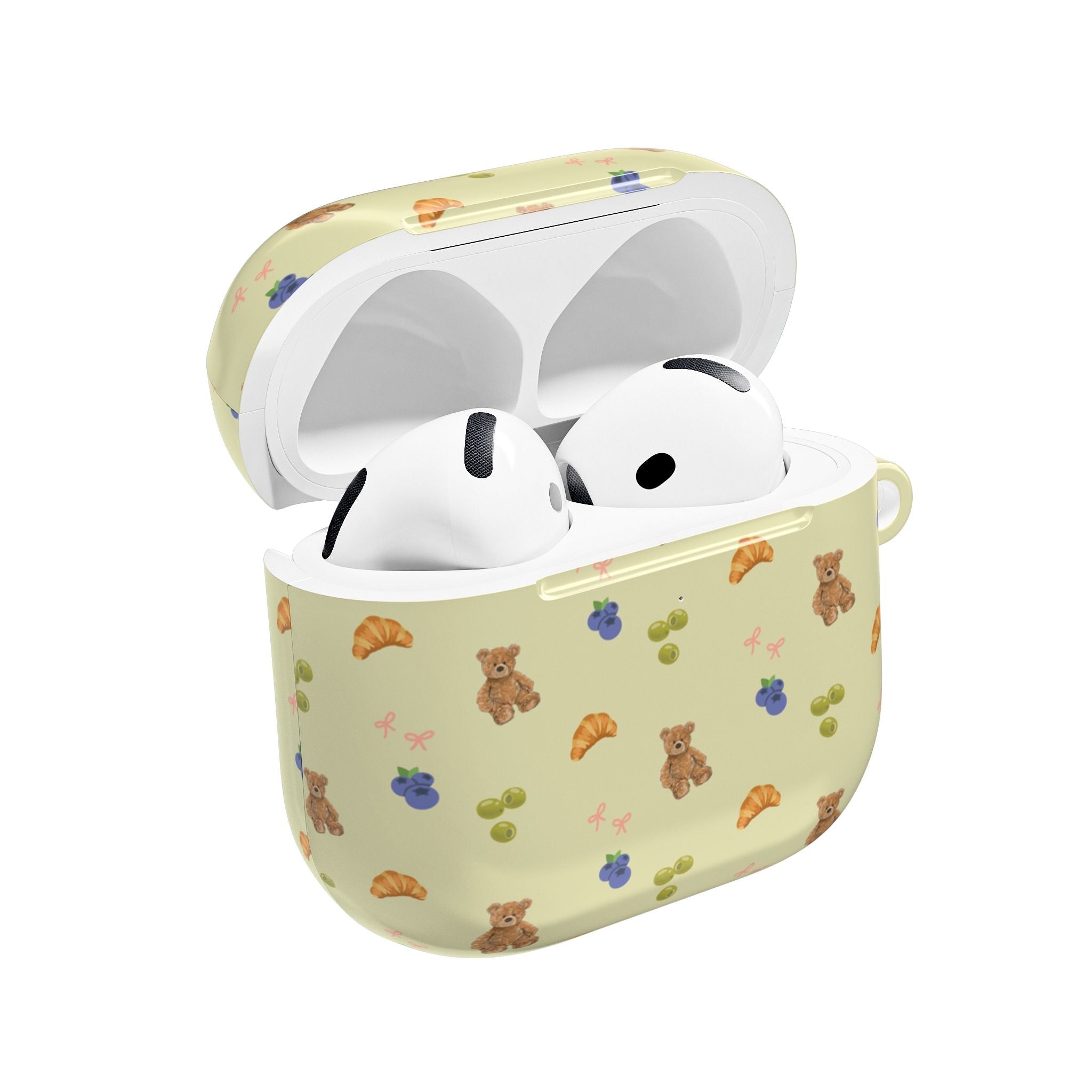 Light olive AirPods case, teddy/fruit/croissant pattern; open view of earbuds