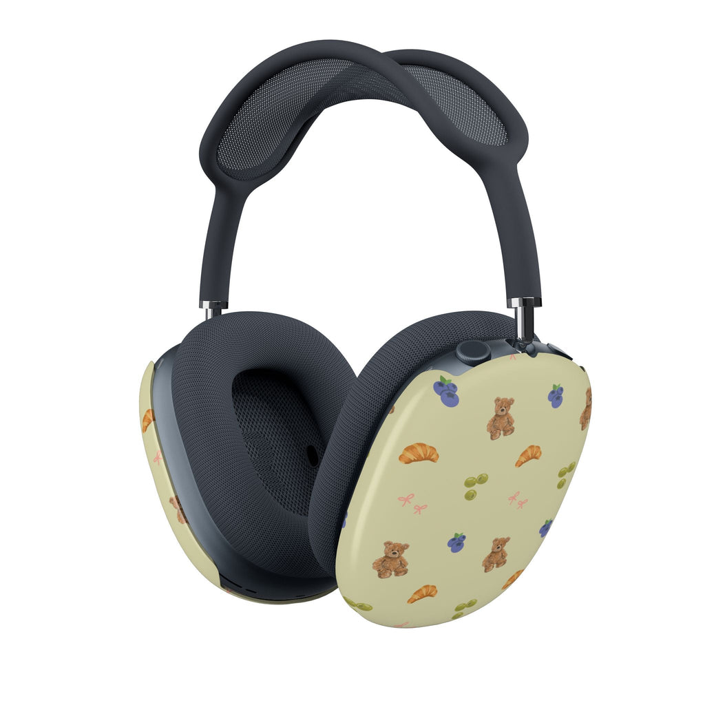 AirPods Max ear cup cover set, dark mesh with light yellow bear and snack pattern