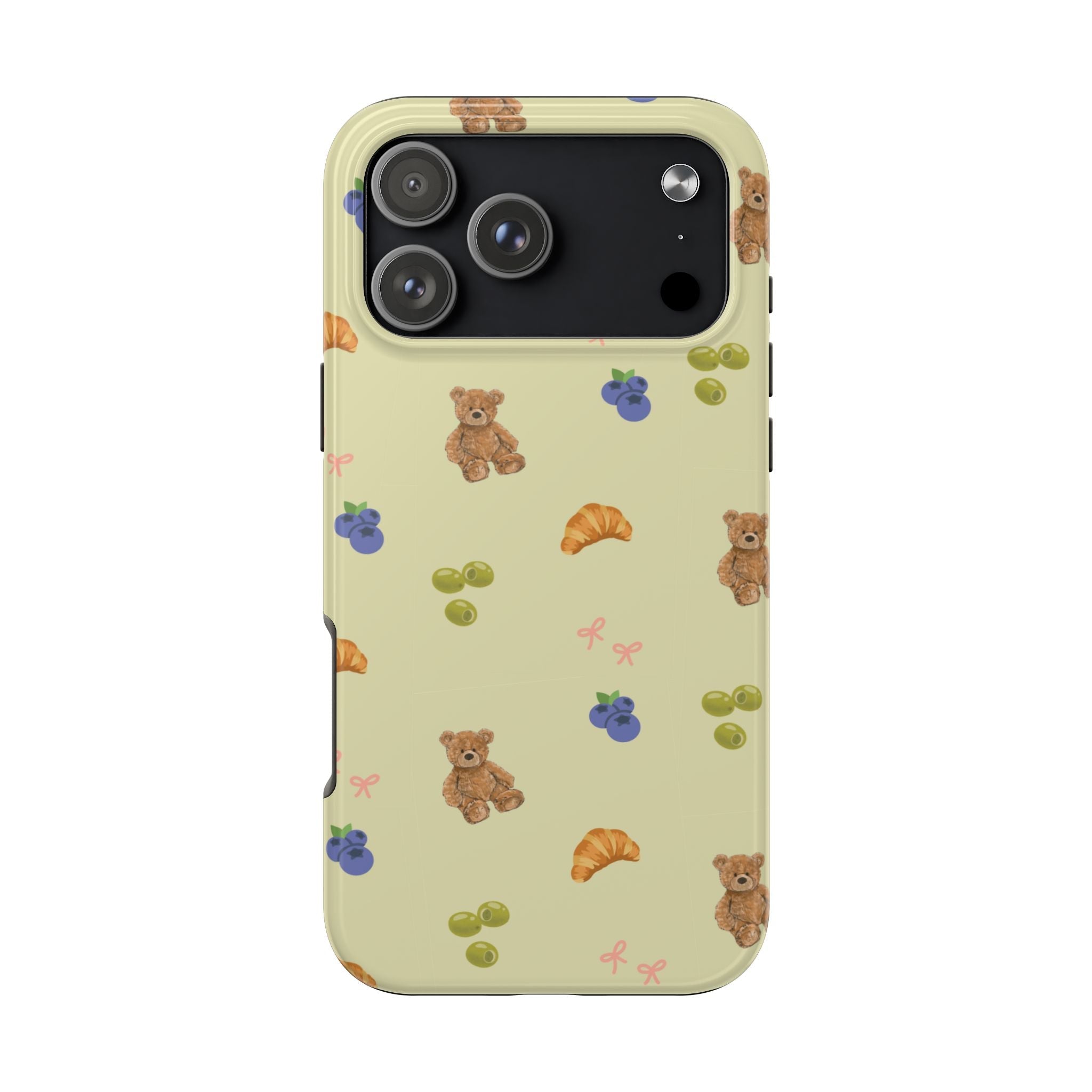 Light olive phone case with teddy bears, berries, croissants, and grape pattern