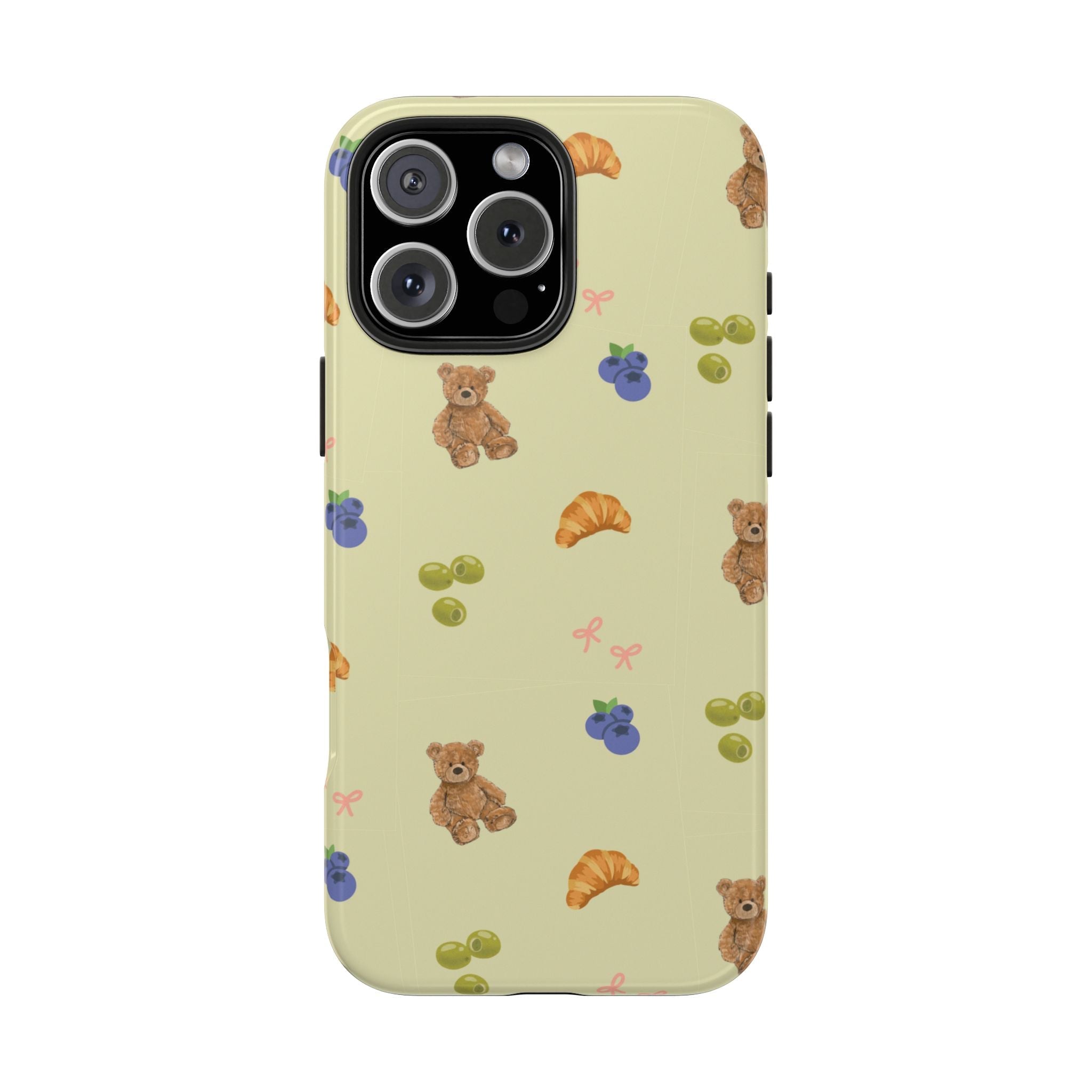 Olive phone case with playful teddy, berries, croissants, and grapes printed design
