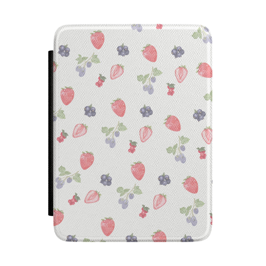 Hardcover Kindle case with light background and scattered strawberries, berries, and leaves