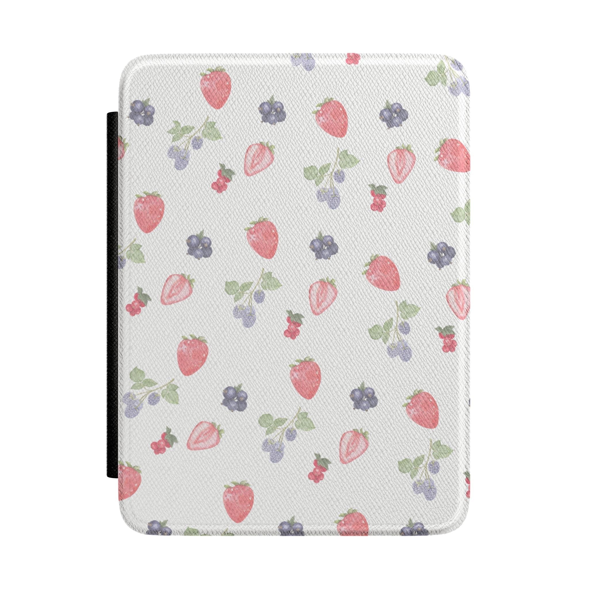Hardcover Kindle case with light background and scattered strawberries, berries, and leaves