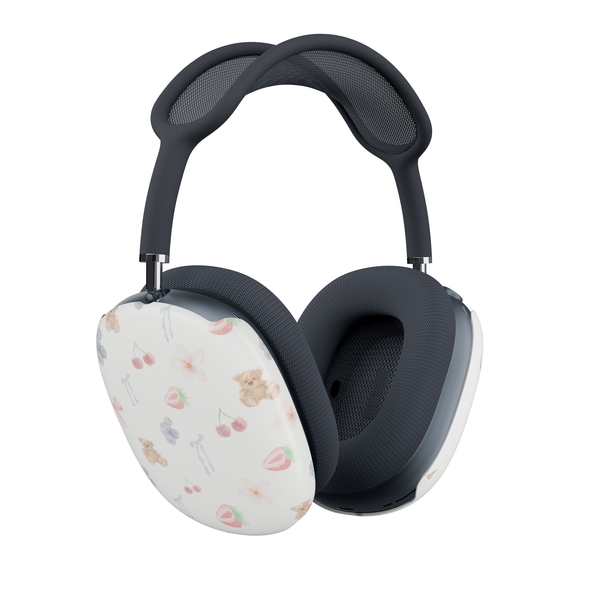 AirPods Max earcup cover with white pastel bear-and-cherry print and dark navy ear cushion