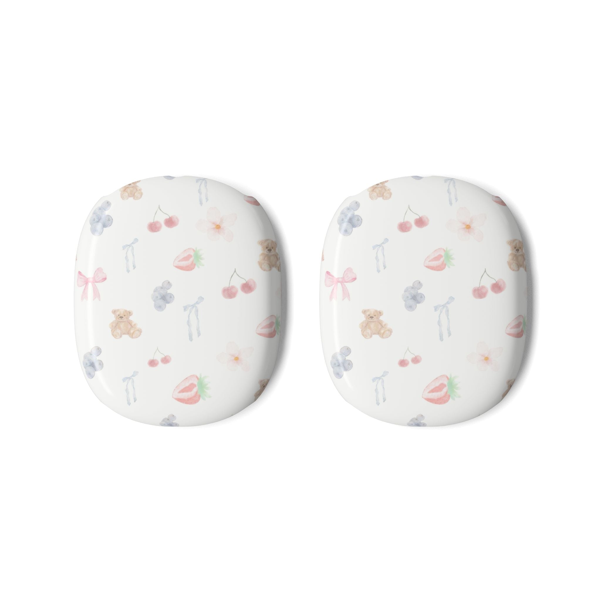 Pair of AirPods Max earcup covers with white background and pastel bear, cherry, and bow print