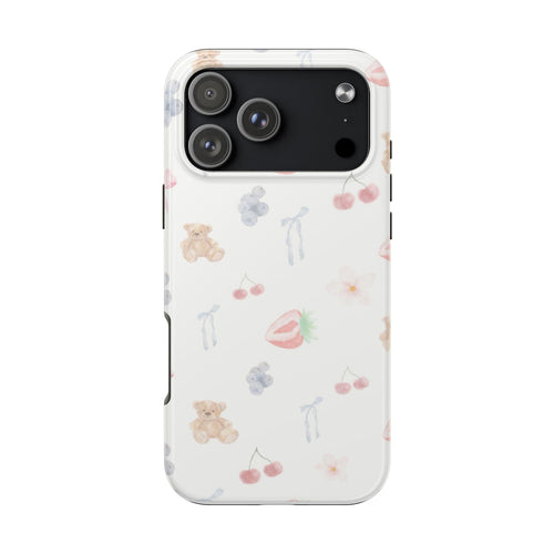 Sweetheart Bear Club phone case on a white base with teddy bears, cherries, and hearts