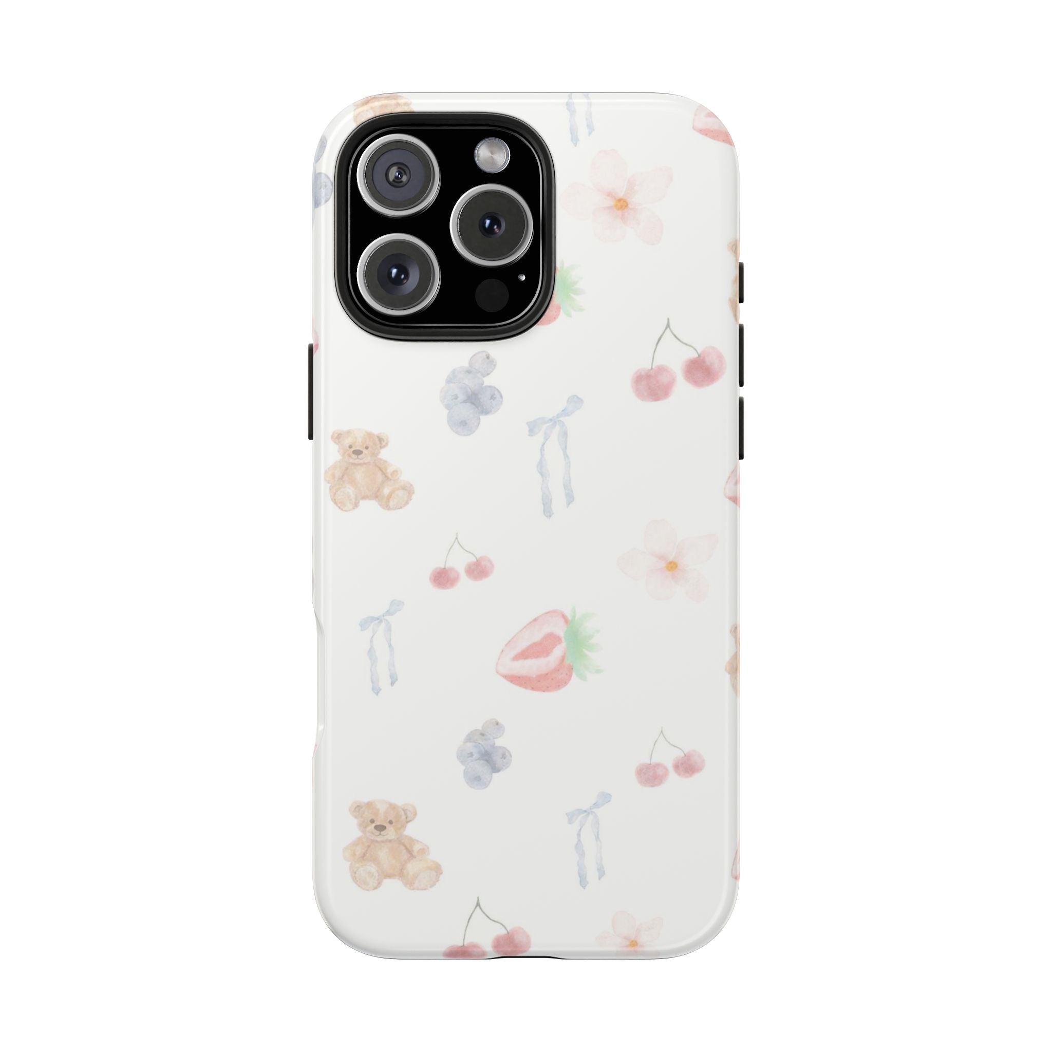 White phone case with cute teddy, cherries, and flowers; raised camera cutout