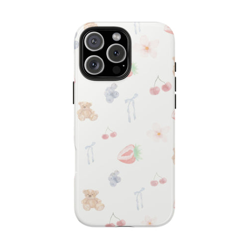 White phone case with cute teddy, cherries, and flowers; raised camera cutout