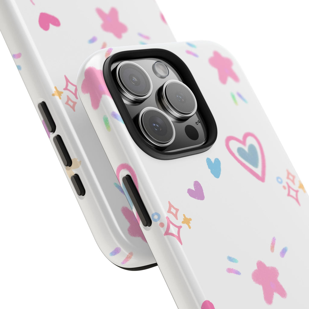 White sweetheart phone case close-up, colorful hearts and starburst pattern near camera lenses