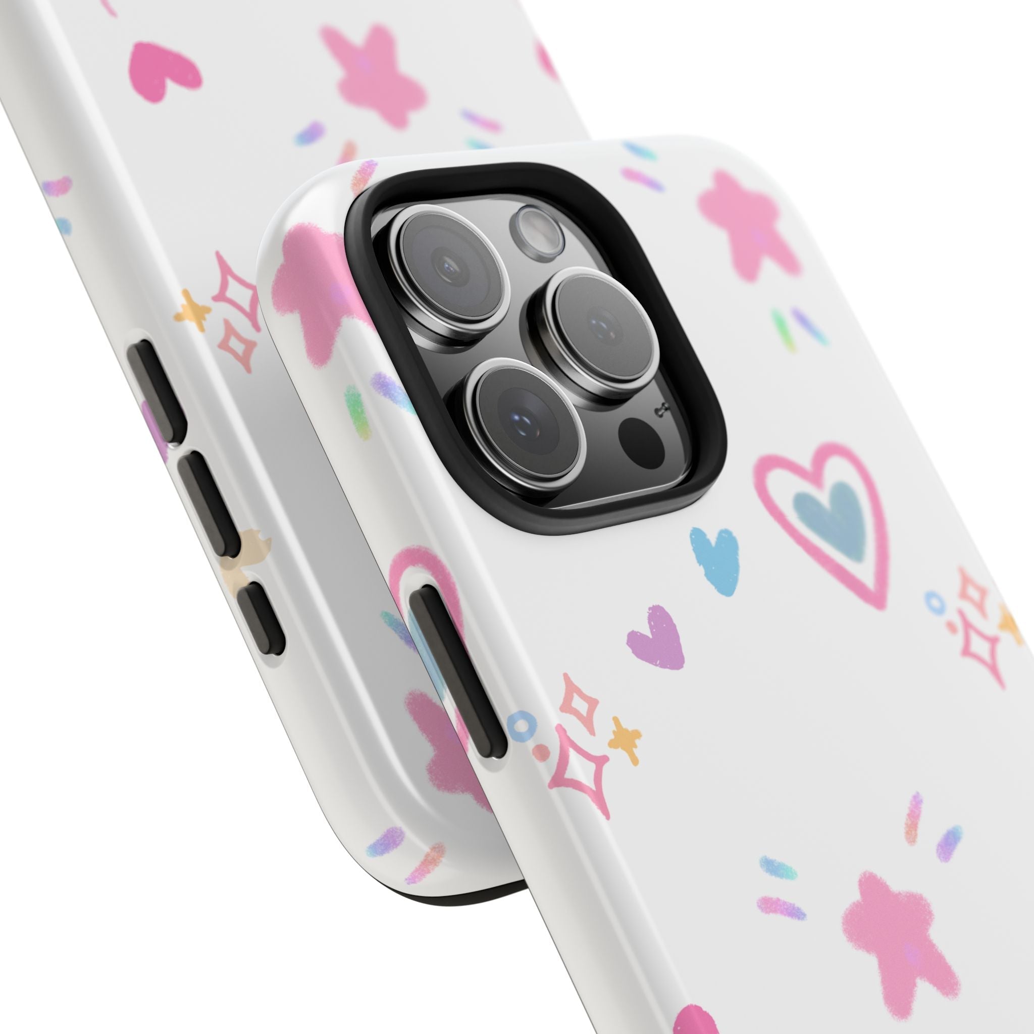 White sweetheart phone case close-up, colorful hearts and starburst pattern near camera lenses