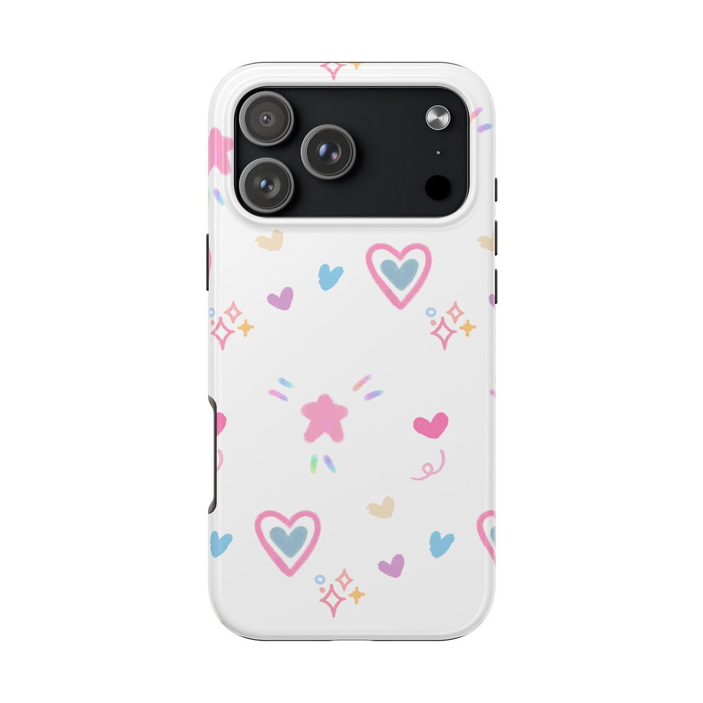 Sweetheart phone case, white background with colorful hearts and sparkles, camera area visible
