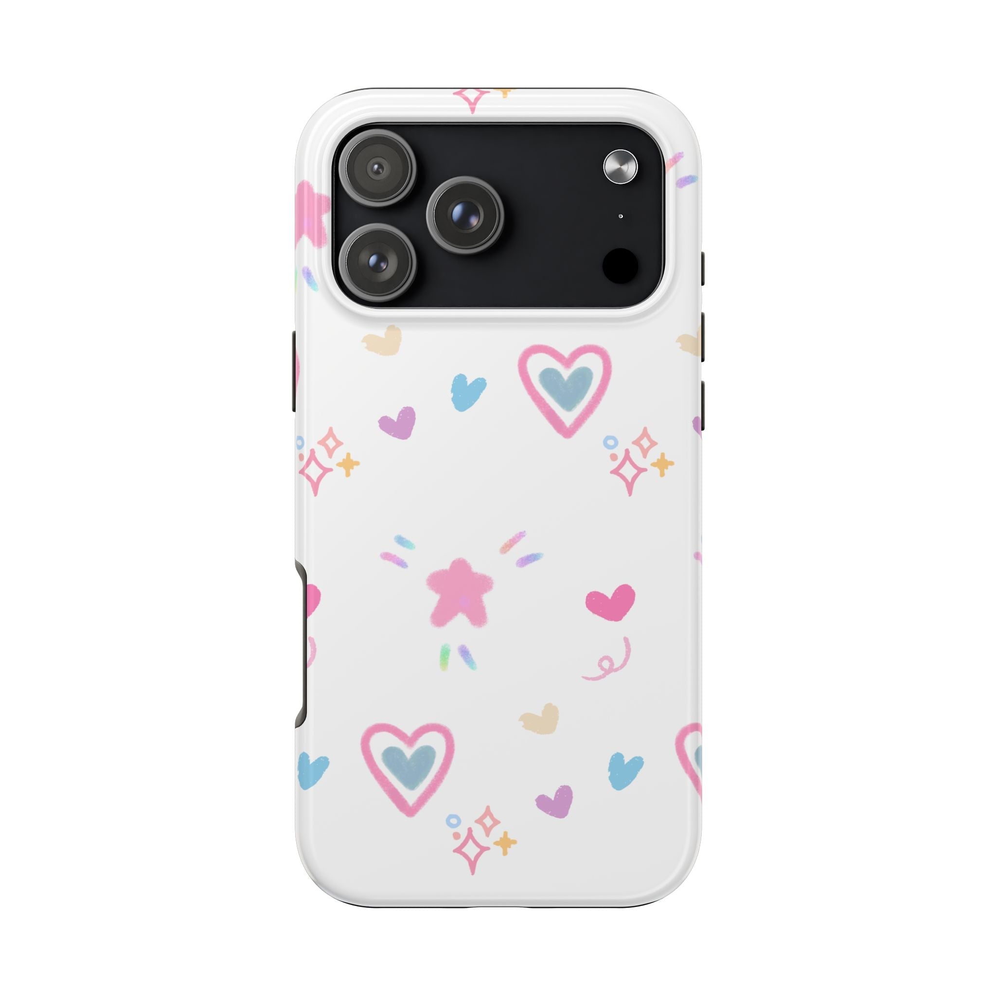 Sweetheart phone case, white background with colorful hearts and sparkles, camera area visible
