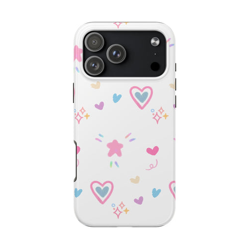 Sweetheart phone case, white background with colorful hearts and sparkles, camera area visible