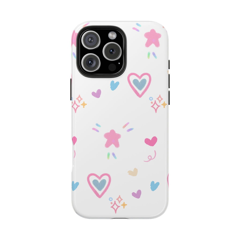 Sweetheart phone case in white with pink hearts, stars, and doodles around camera cutouts