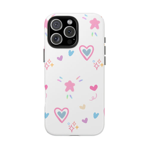 Sweetheart phone case in white with pink hearts, stars, and doodles around camera cutouts